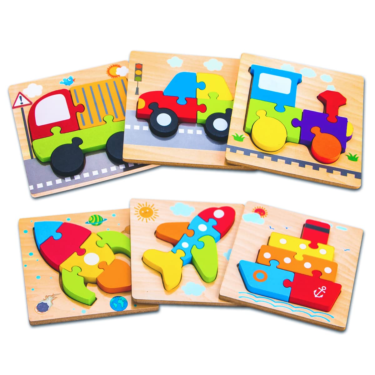 SKYFIELD Wooden Vehicle Puzzles for 1 2 3 Years Old Boys Girls Toddler Educational Developmental Toys