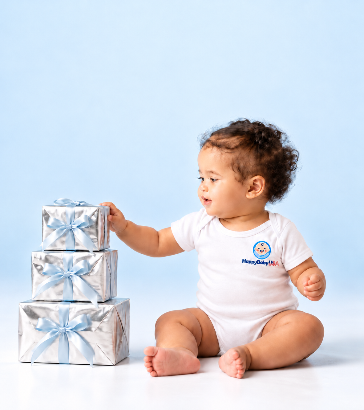 Baby wearing a HappyBabyUSA bodysuit beside silver gifts