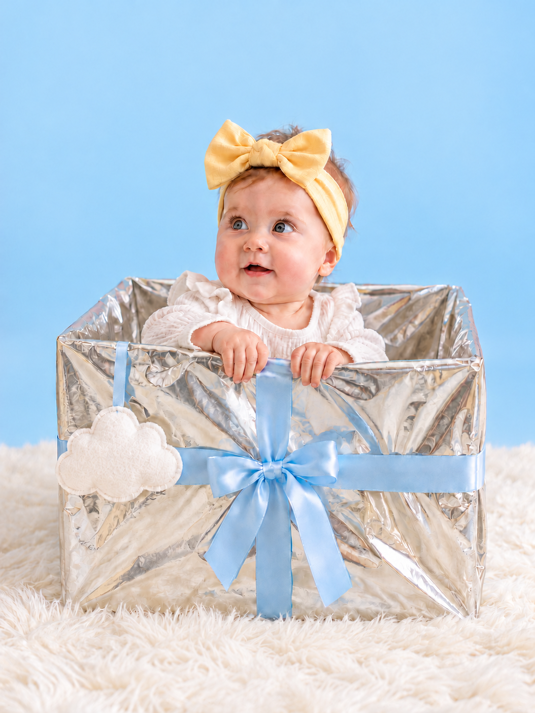 Baby with a yellow headband in a silver gift box