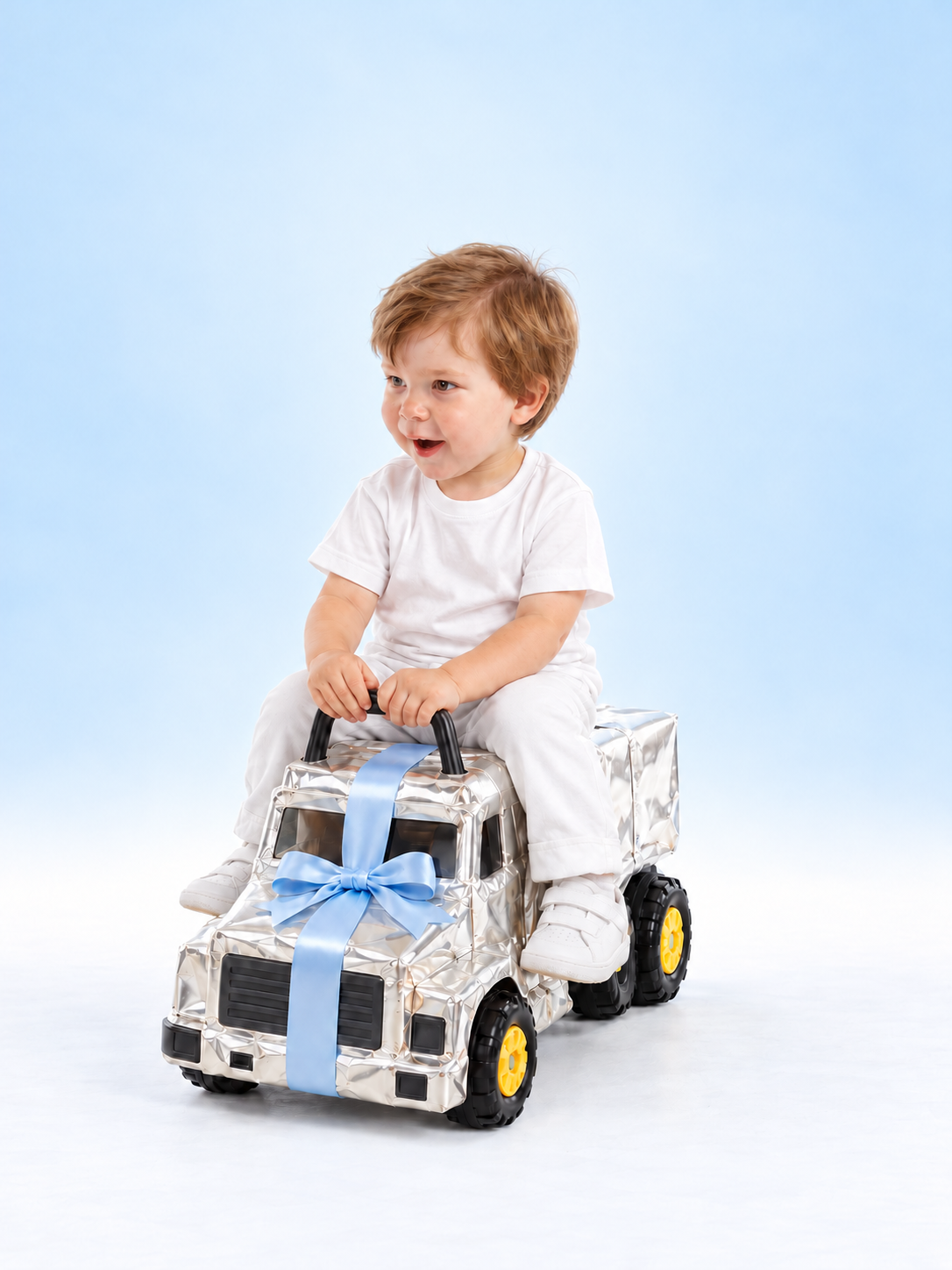 Child in white riding a silver-wrapped toy truck