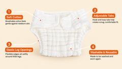 Healifty cloth diaper anatomy: soft cotton, adjustable tabs, elastic leg openings, washable and reusable