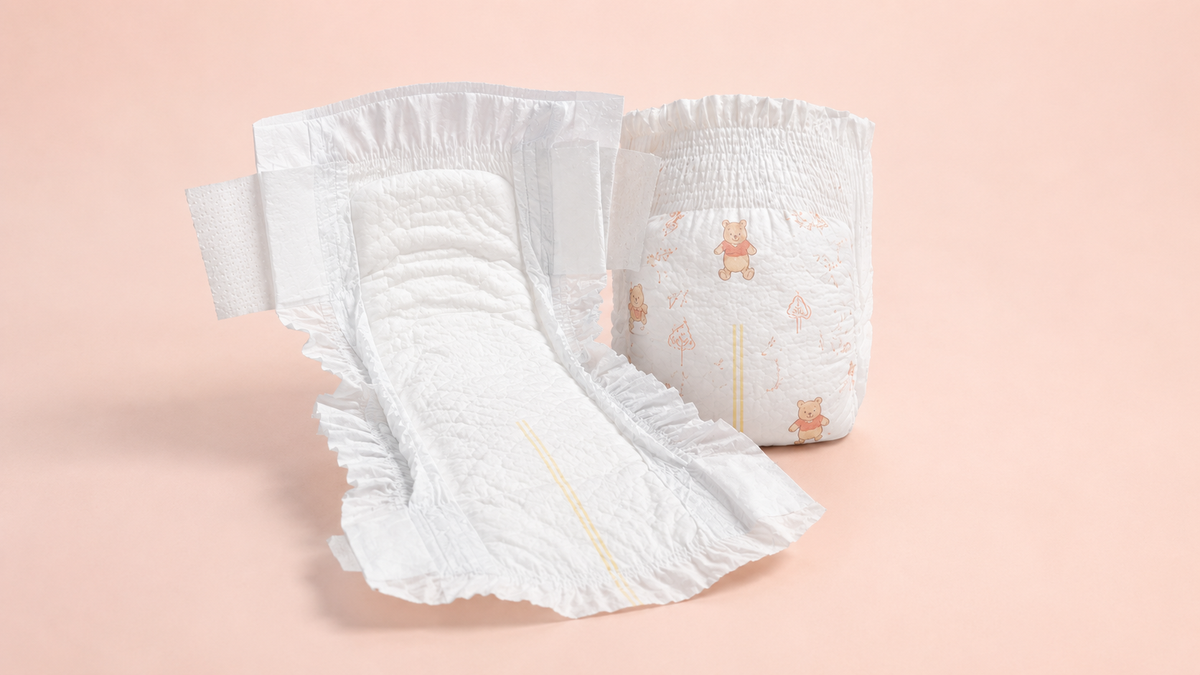 Huggies Little Snugglers Size 3 anatomy showing the soft liner, yellow wetness indicator, stretchy sides, leg cuffs and pocketed waistband